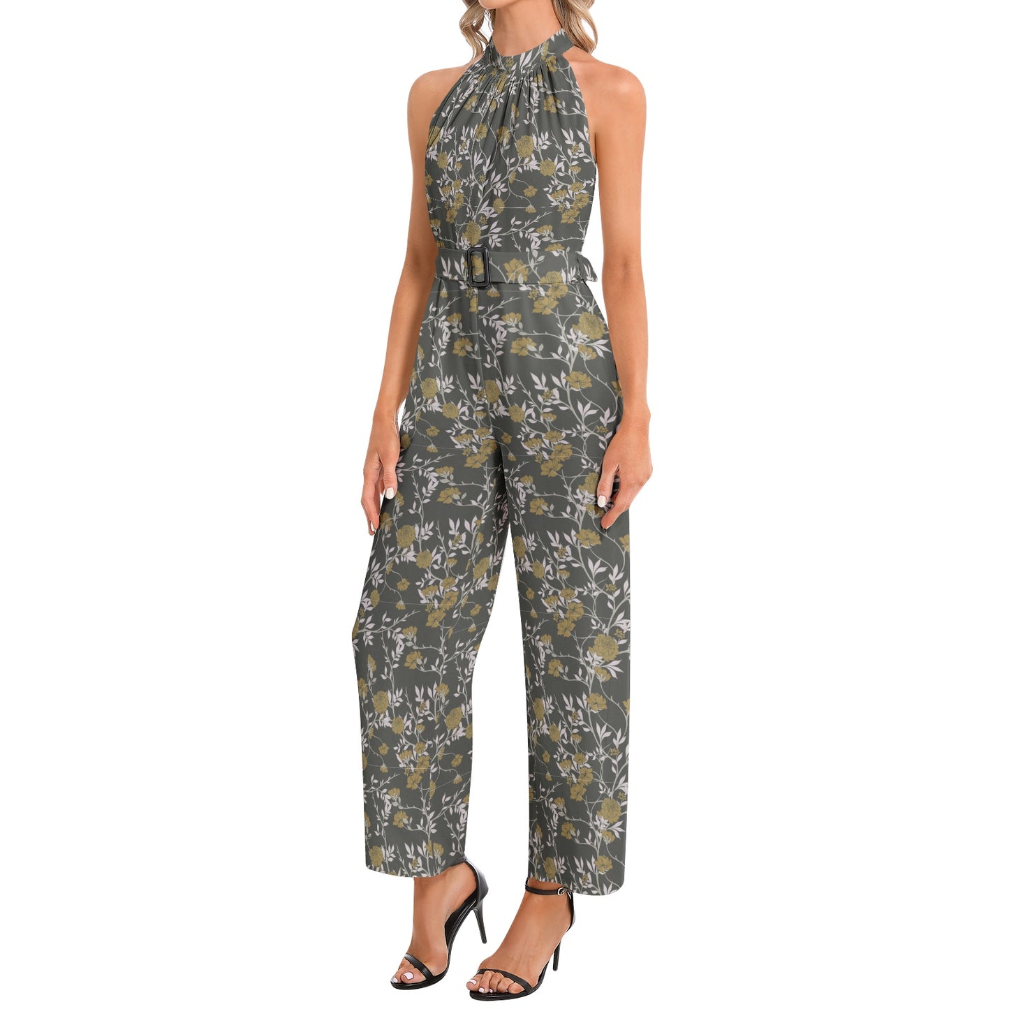 Halter Neck Buckle Belted Jumpsuit