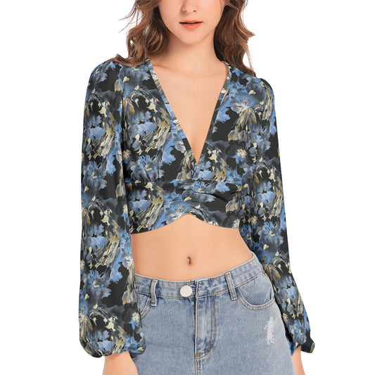 Women's Deep V-Neck Lantern Sleeve Crop Top