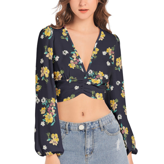 Women's Deep V-Neck Lantern Sleeve Crop Top