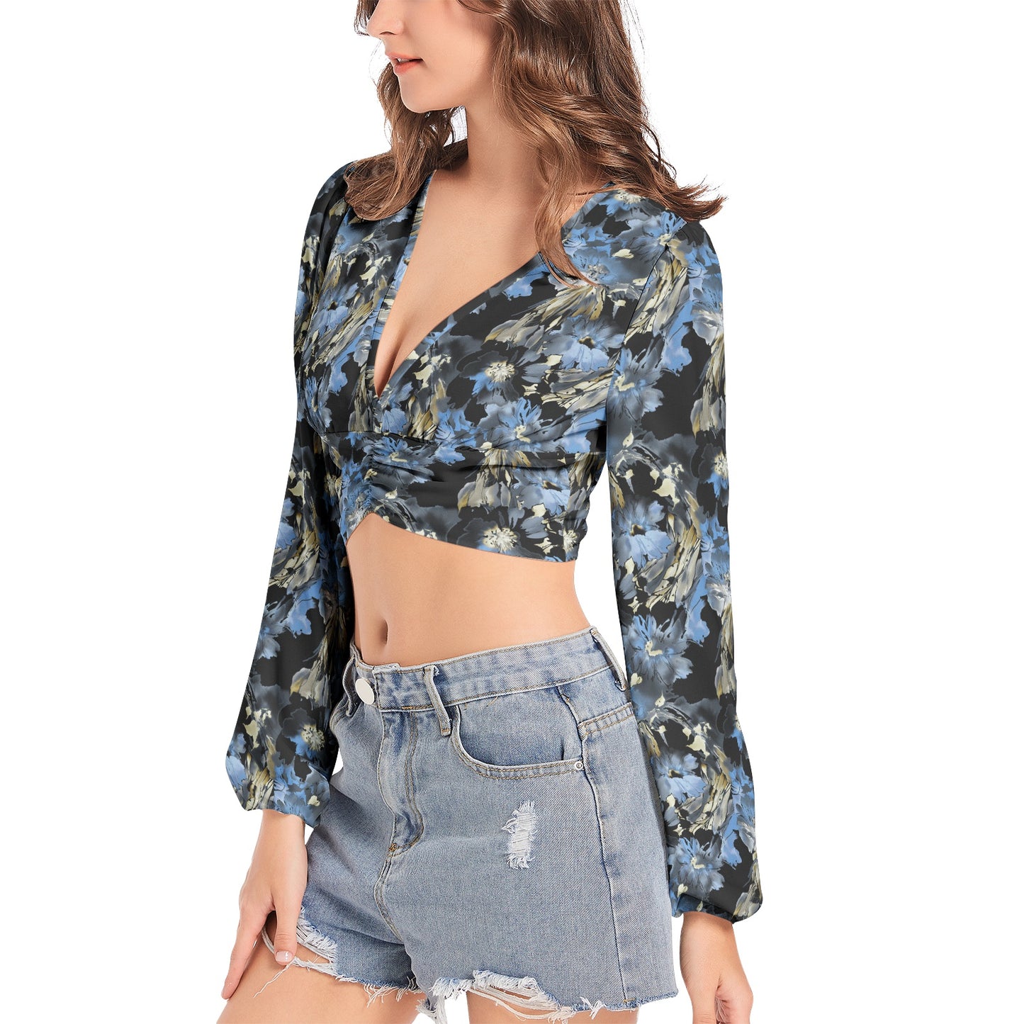 Women's Deep V-Neck Lantern Sleeve Crop Top