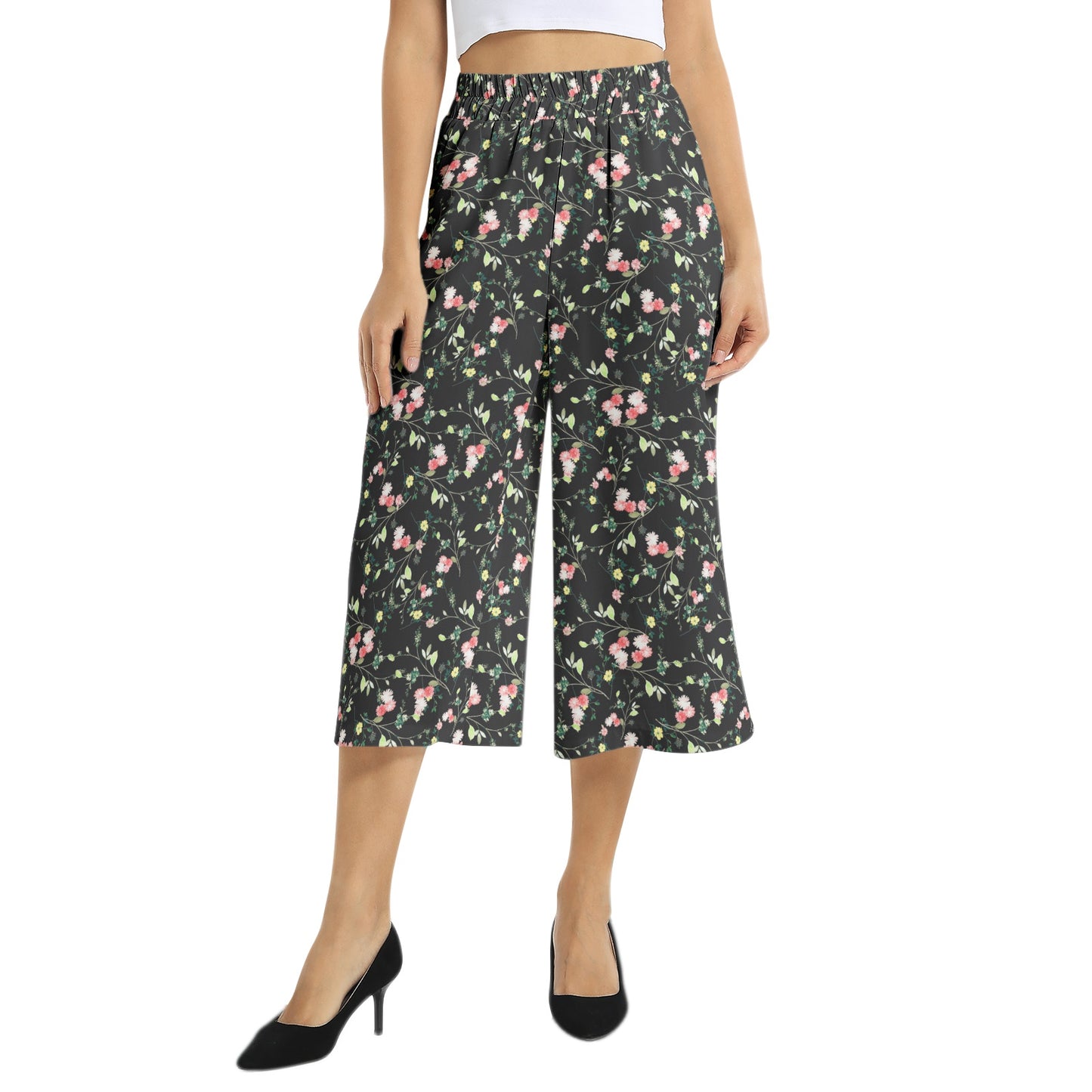 Elastic Waist Capris Wide Leg Pant