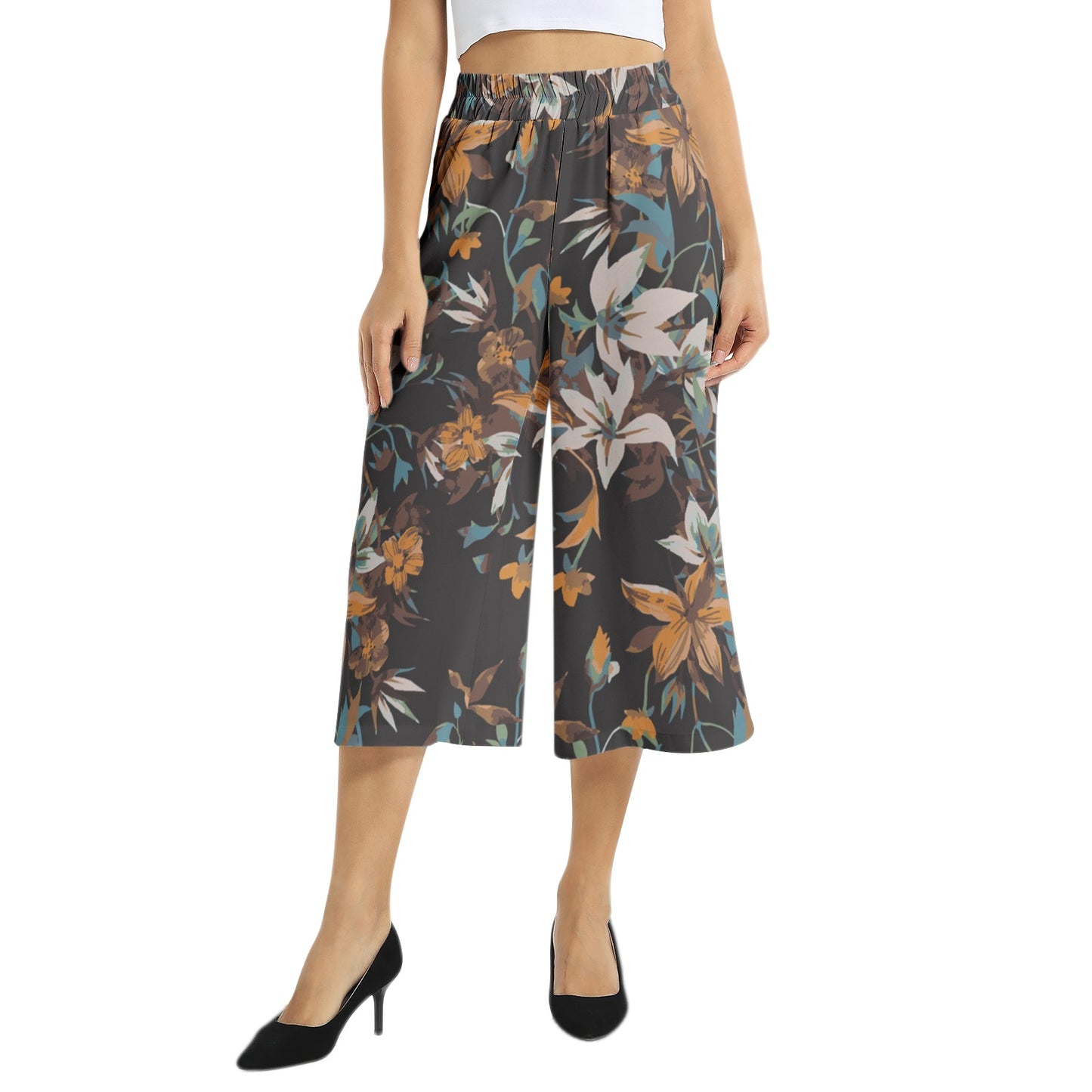 Elastic Waist Capris Wide Leg Pant