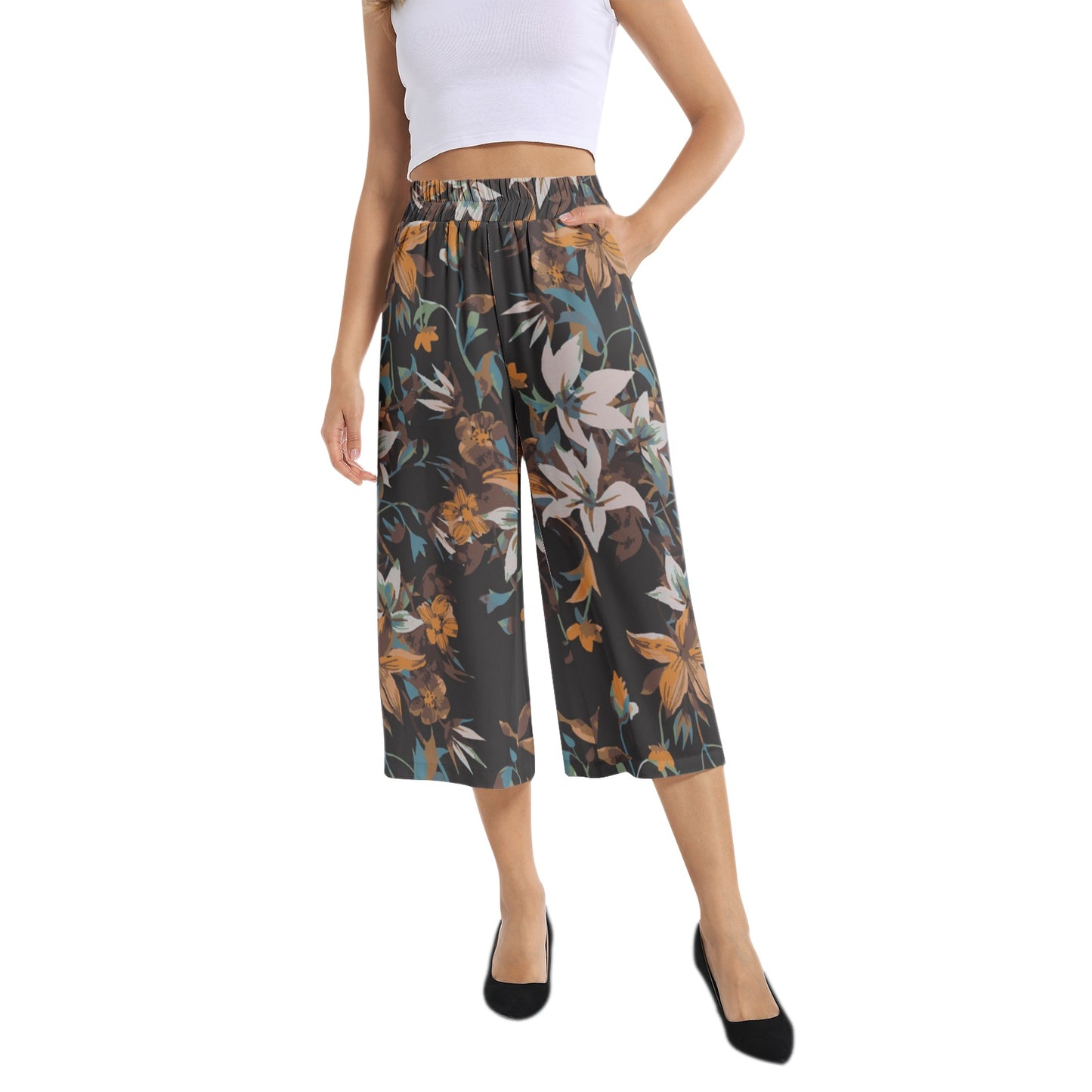 Elastic Waist Capris Wide Leg Pant