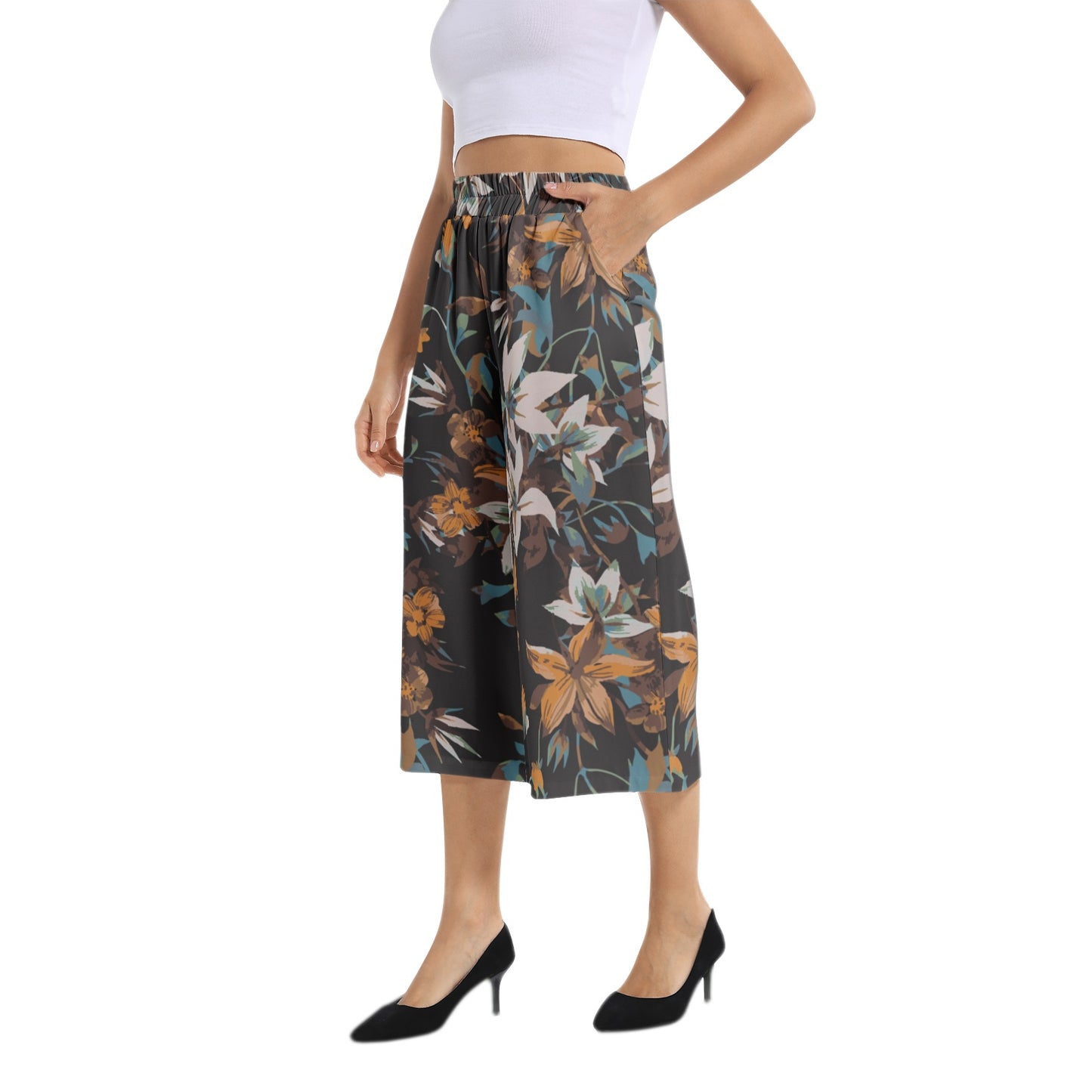 Elastic Waist Capris Wide Leg Pant