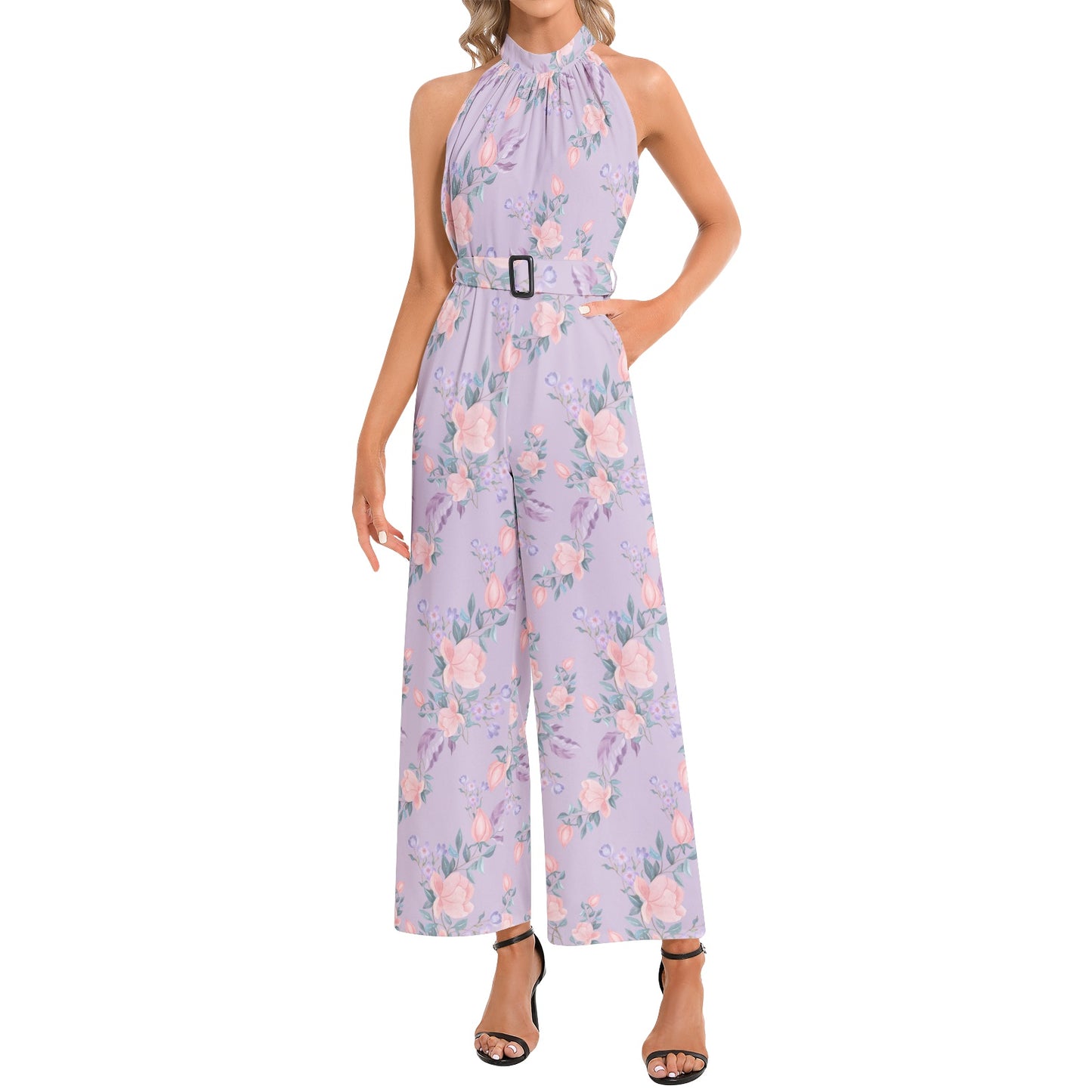 Halter Neck Buckle Belted Jumpsuit