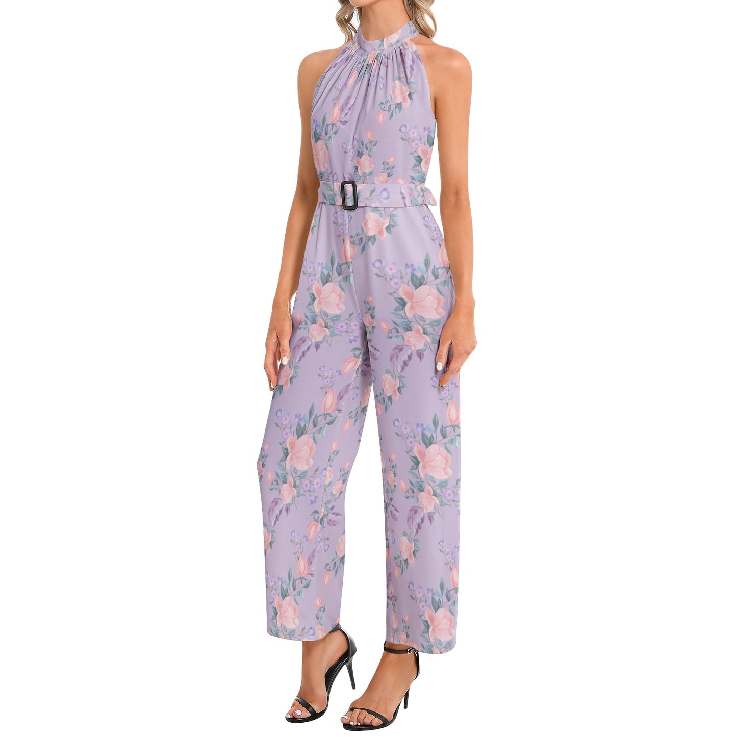 Halter Neck Buckle Belted Jumpsuit