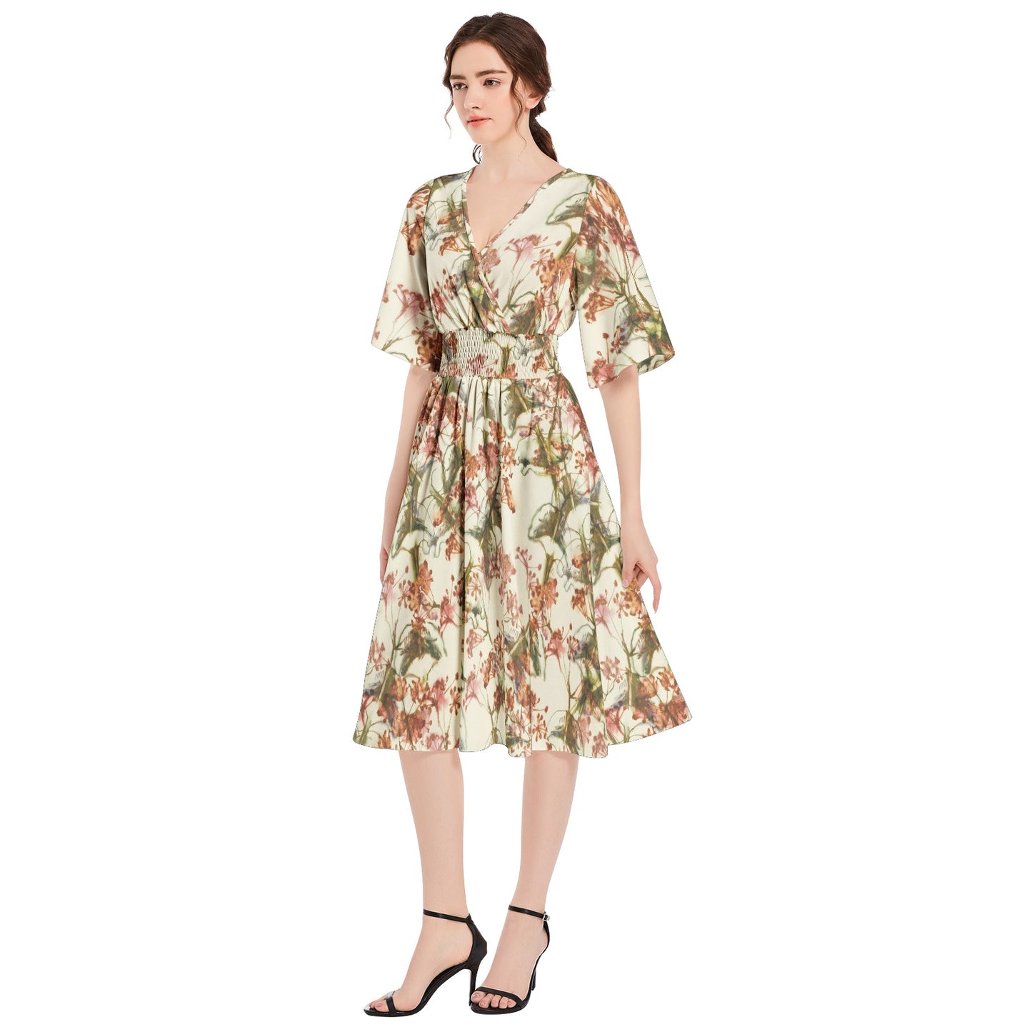 Butterfly Sleeve Shirred High Waist A Line Midi Dress