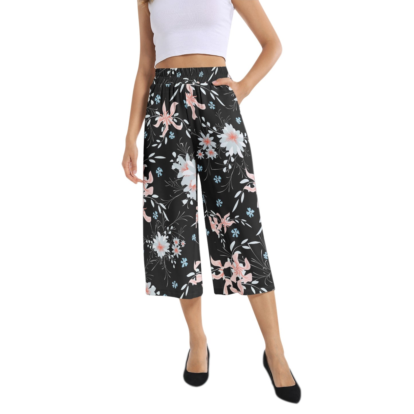 Elastic Waist Capris Wide Leg Pant