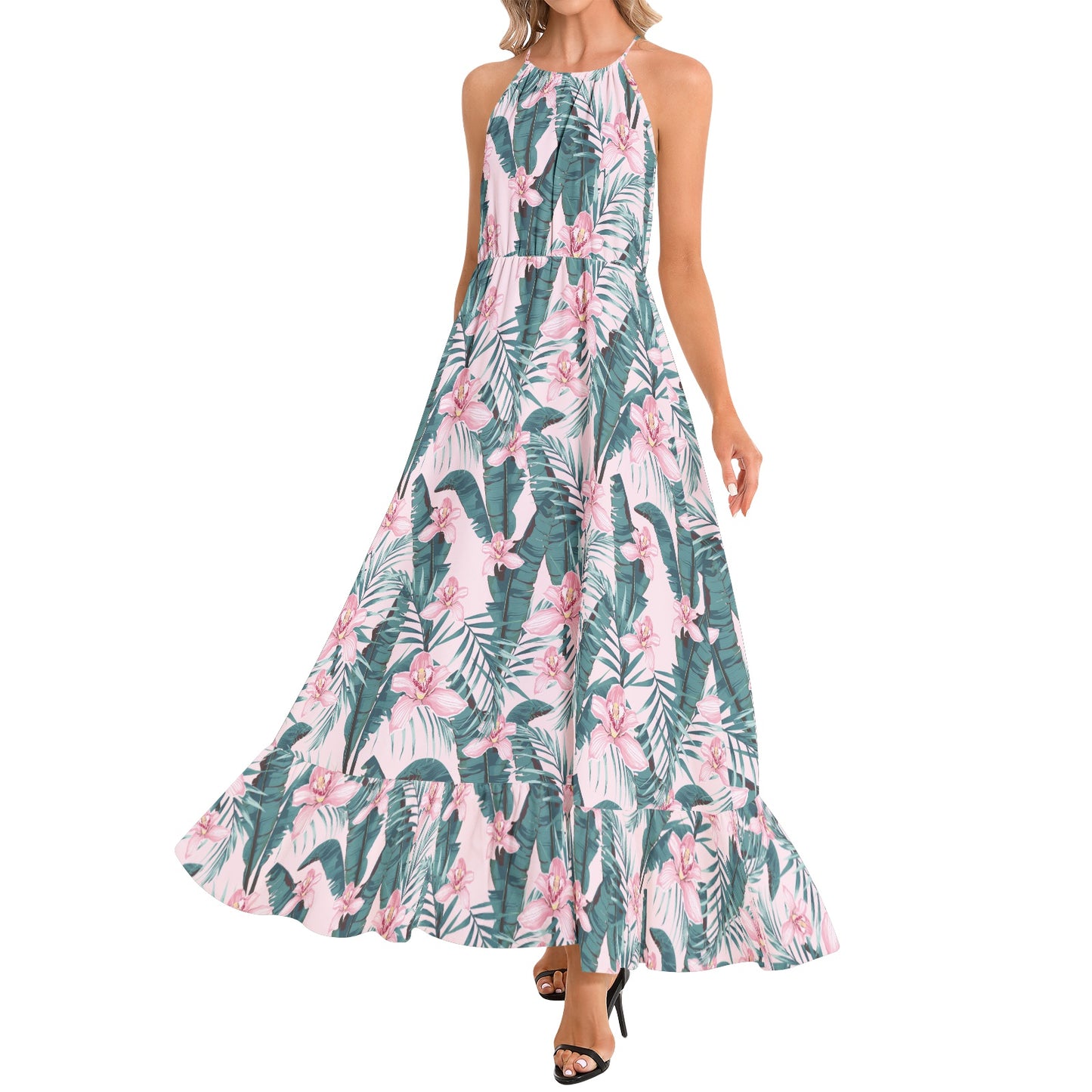 Ruffle Hem Halter Neck Maxi Dress