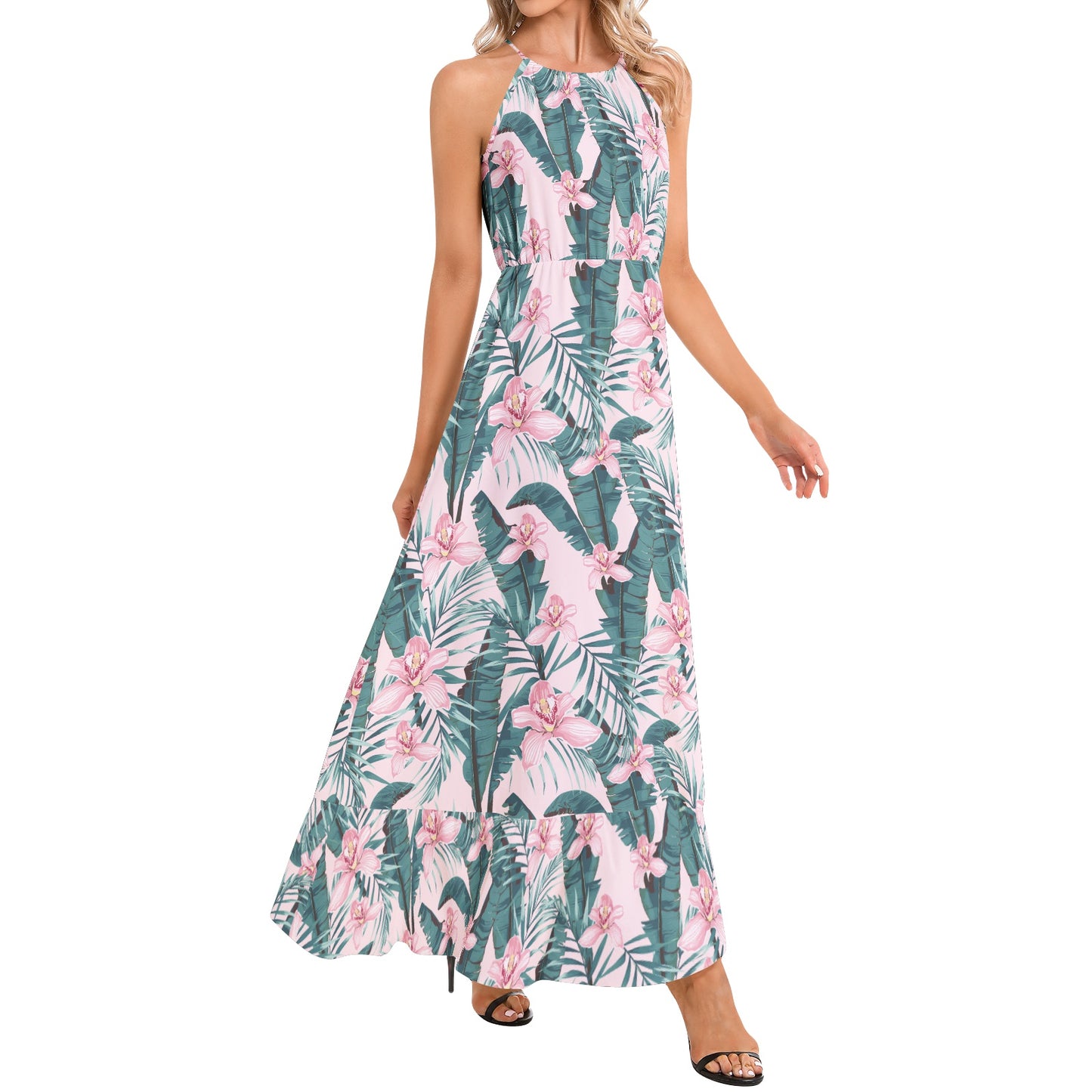 Ruffle Hem Halter Neck Maxi Dress