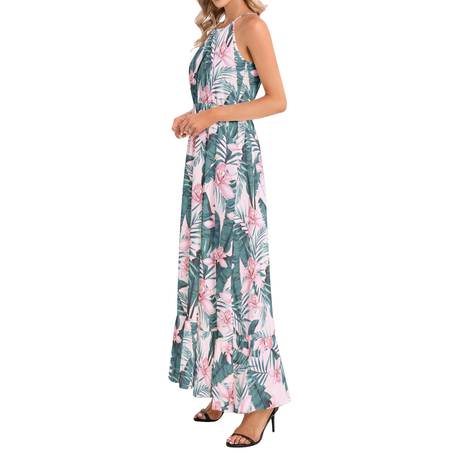 Ruffle Hem Halter Neck Maxi Dress