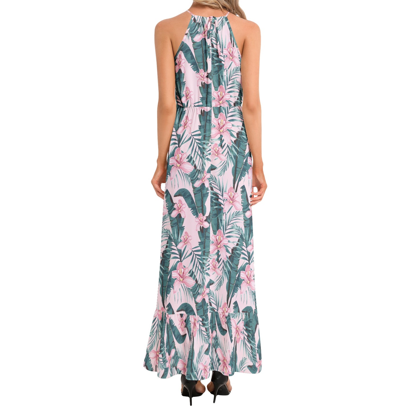 Ruffle Hem Halter Neck Maxi Dress