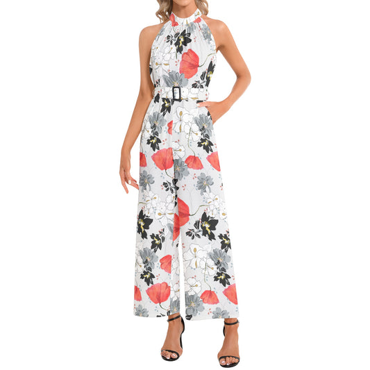 Halter Neck Buckle Belted Jumpsuit