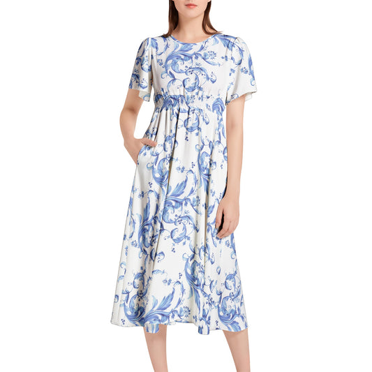 Short Sleeve Shirred Waist Midi Dress