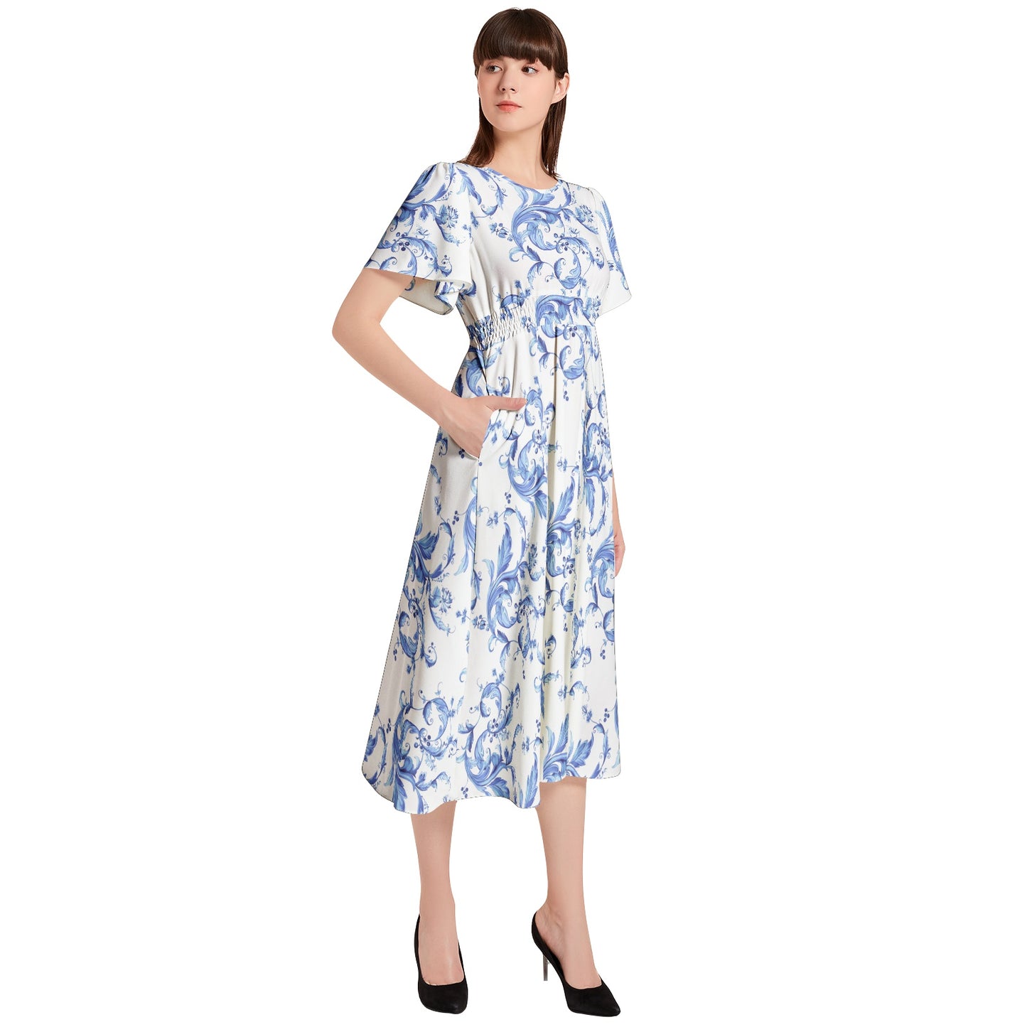 Short Sleeve Shirred Waist Midi Dress