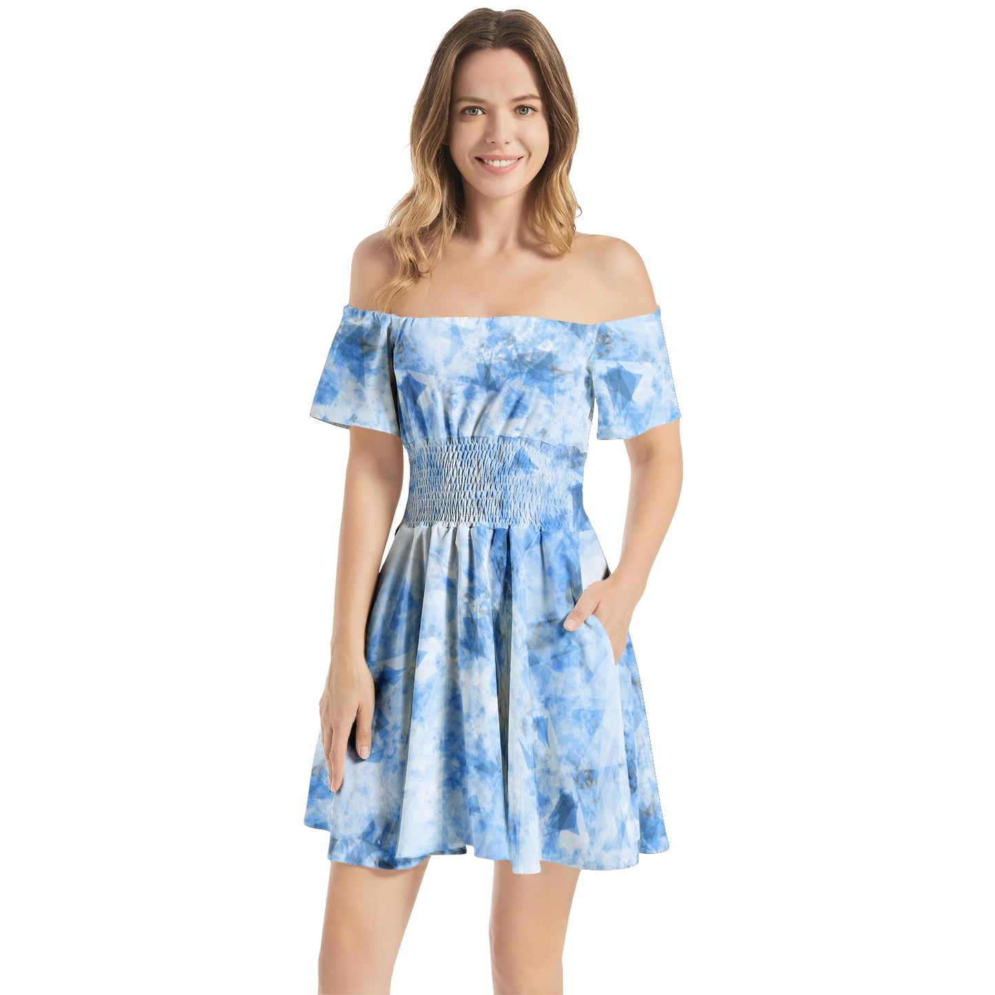 Off Shoulder Shirred Waist Flared Mini Dress