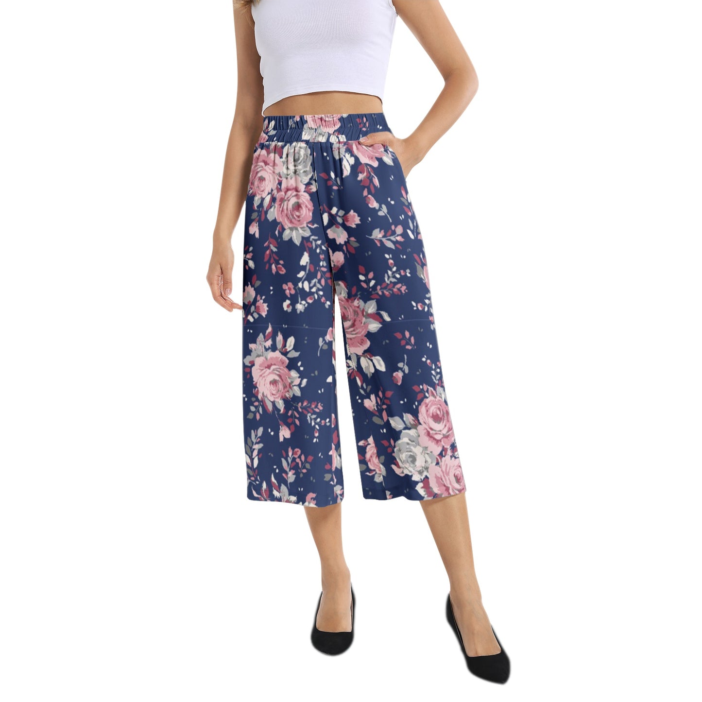 Elastic Waist Capris Wide Leg Pant