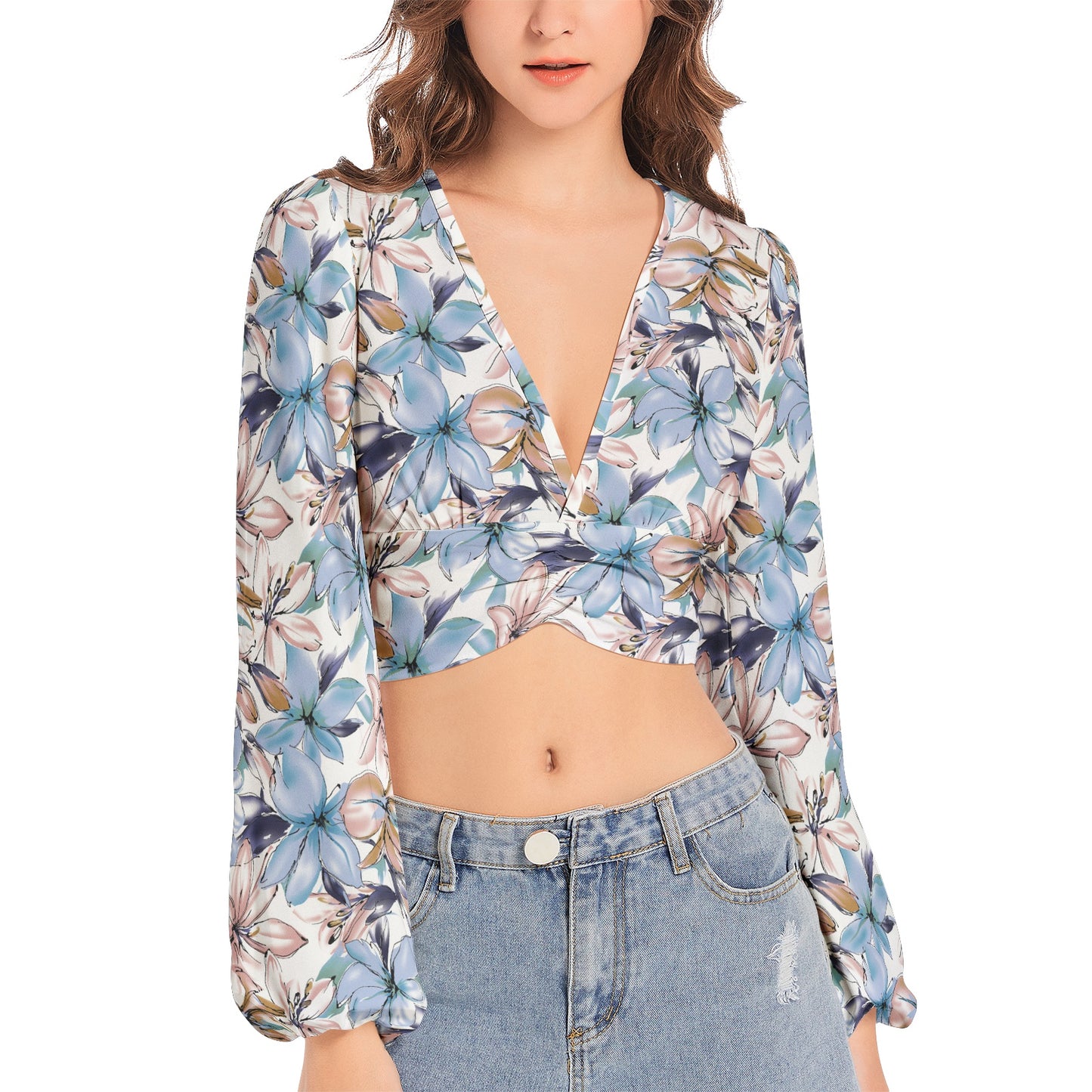 Women's Deep V-Neck Lantern Sleeve Crop Top