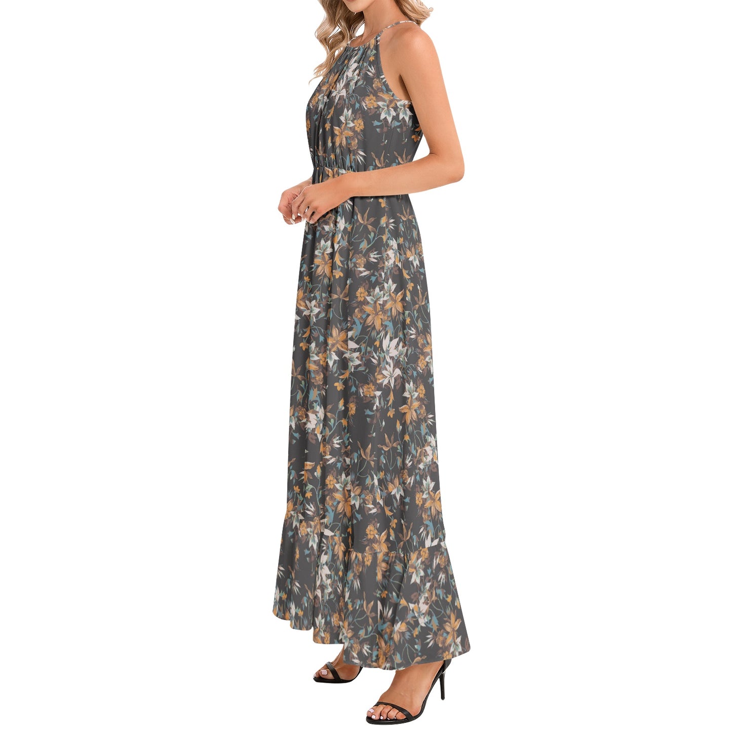 Ruffle Hem Halter Neck Maxi Dress