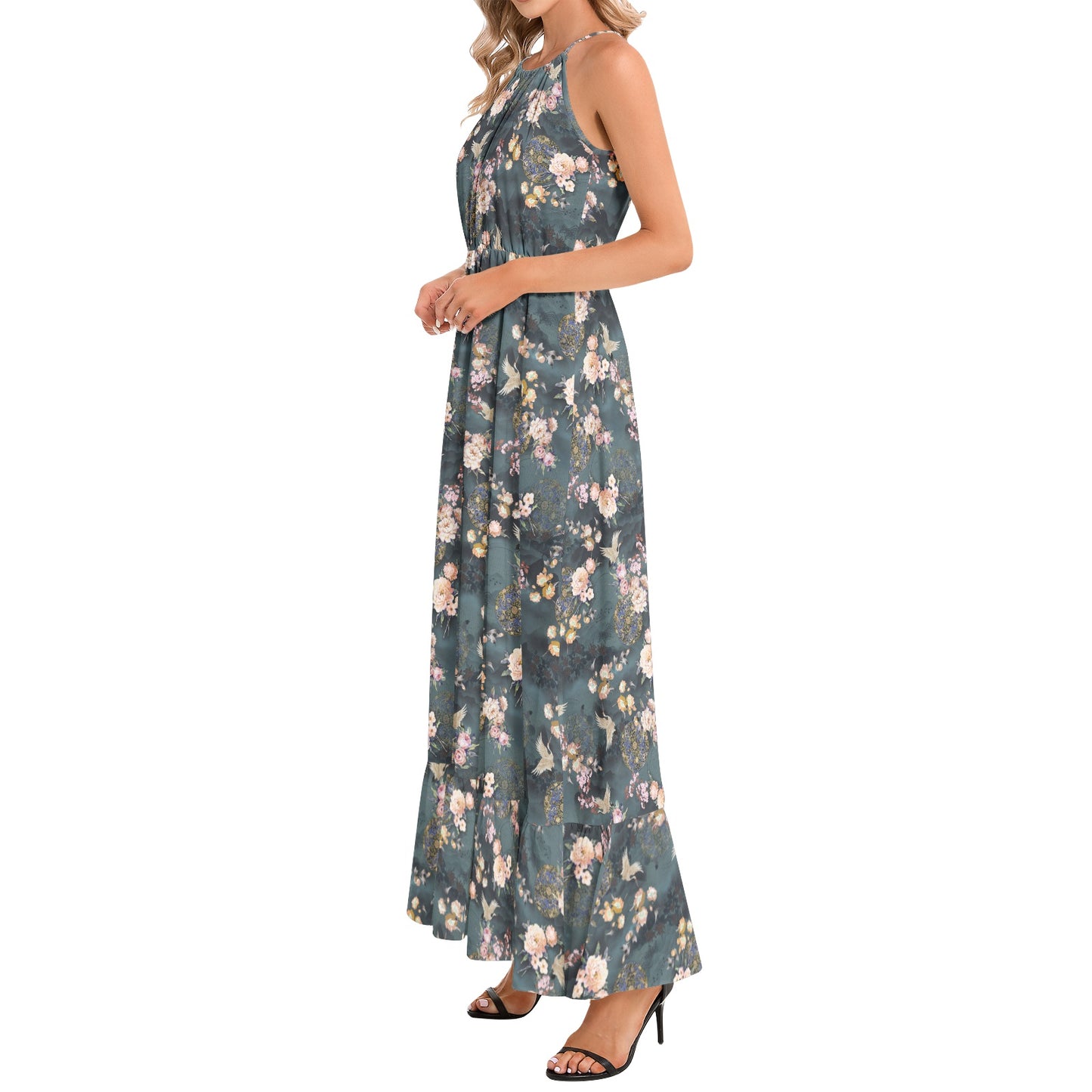 Ruffle Hem Halter Neck Maxi Dress