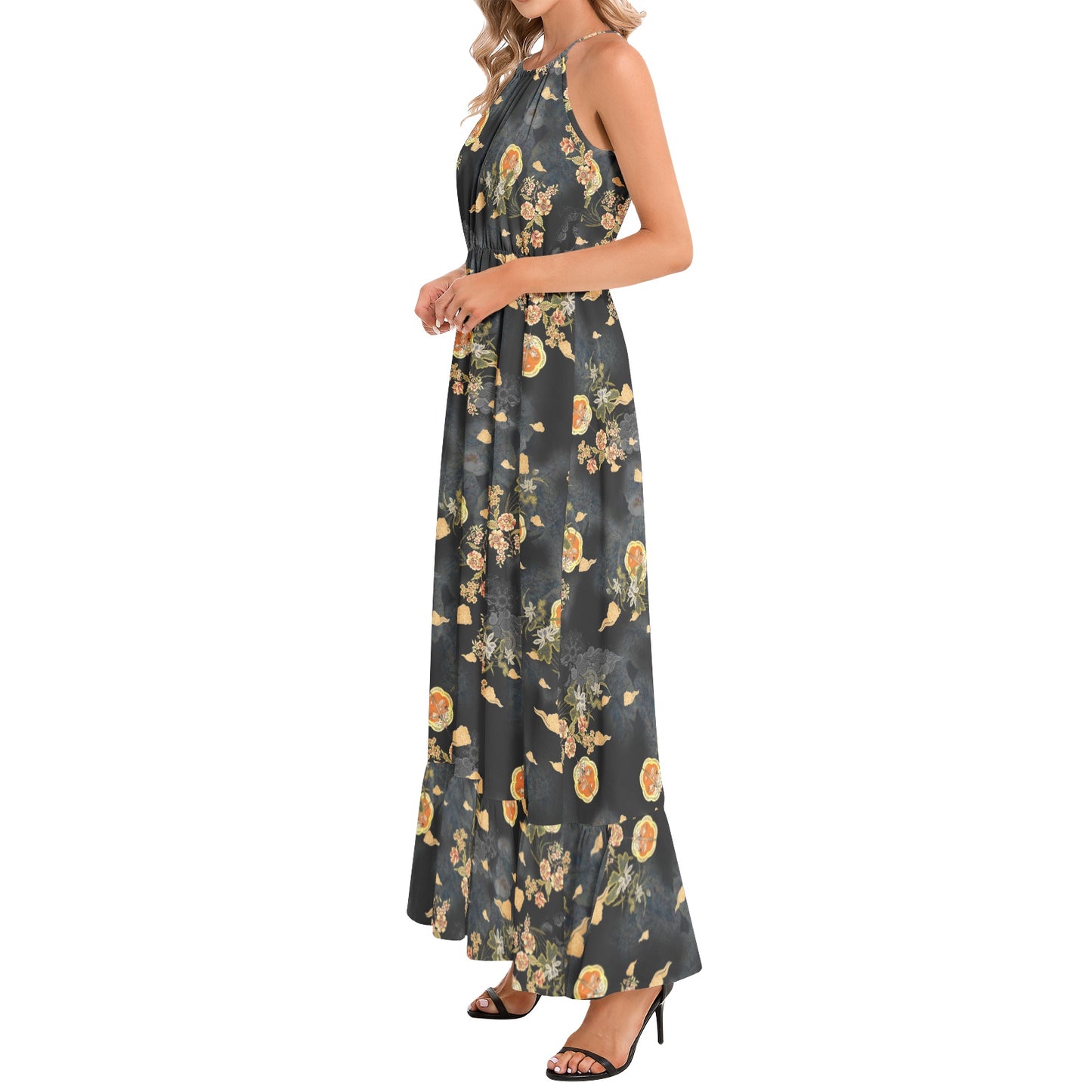 Ruffle Hem Halter Neck Maxi Dress