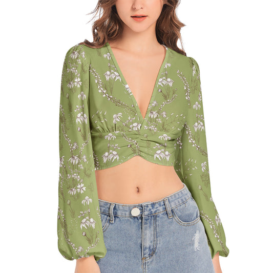 Women's Deep V-Neck Lantern Sleeve Crop Top