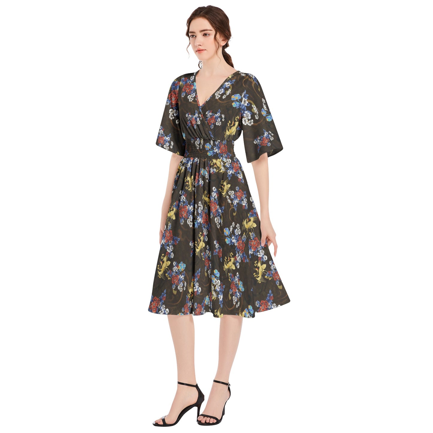 Butterfly Sleeve Shirred High Waist A Line Midi Dress