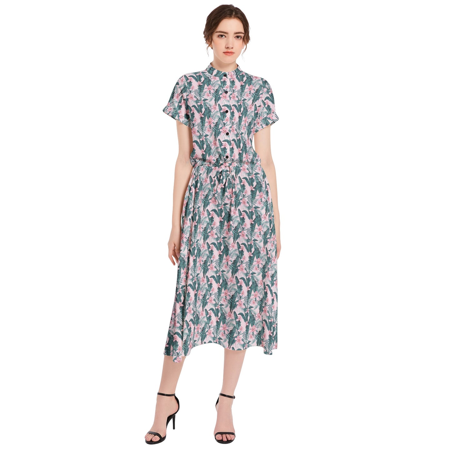 Drawstring Waist A-line Flared Midi Dress