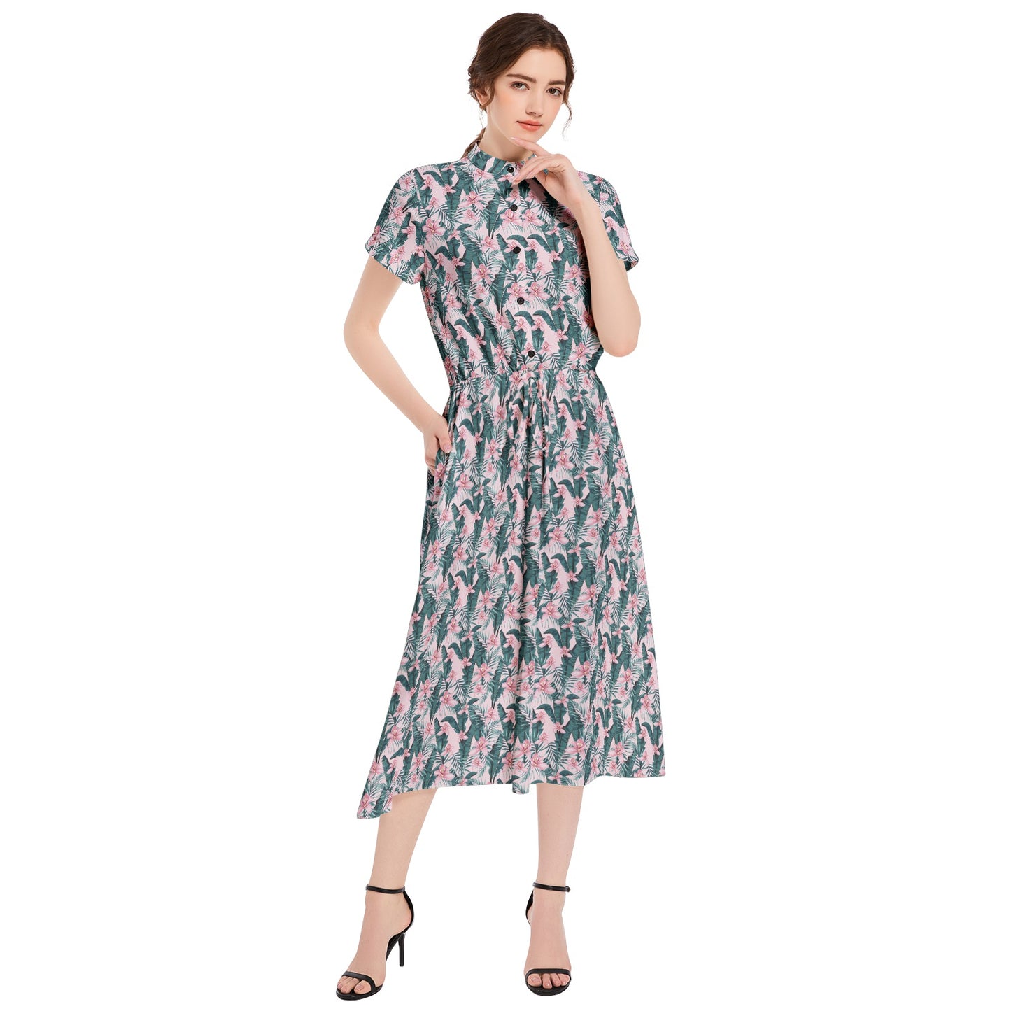 Drawstring Waist A-line Flared Midi Dress