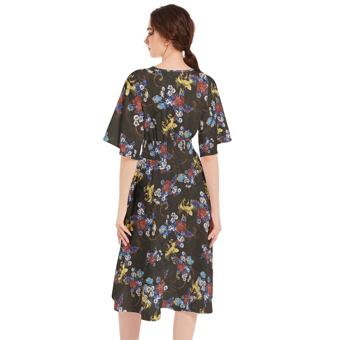 Butterfly Sleeve Shirred High Waist A Line Midi Dress