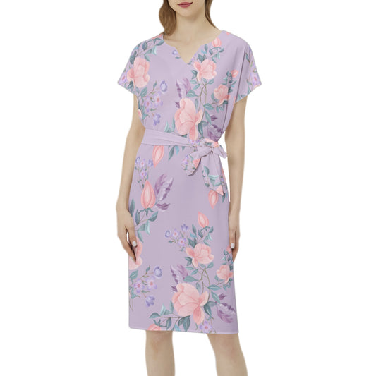 Betwing Seleeve Notch Neck Casual Dress with Belt