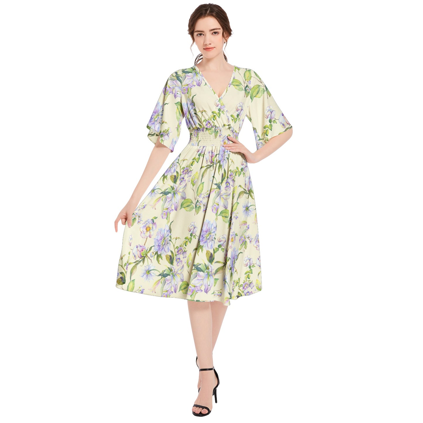 Butterfly Sleeve Shirred High Waist A Line Midi Dress