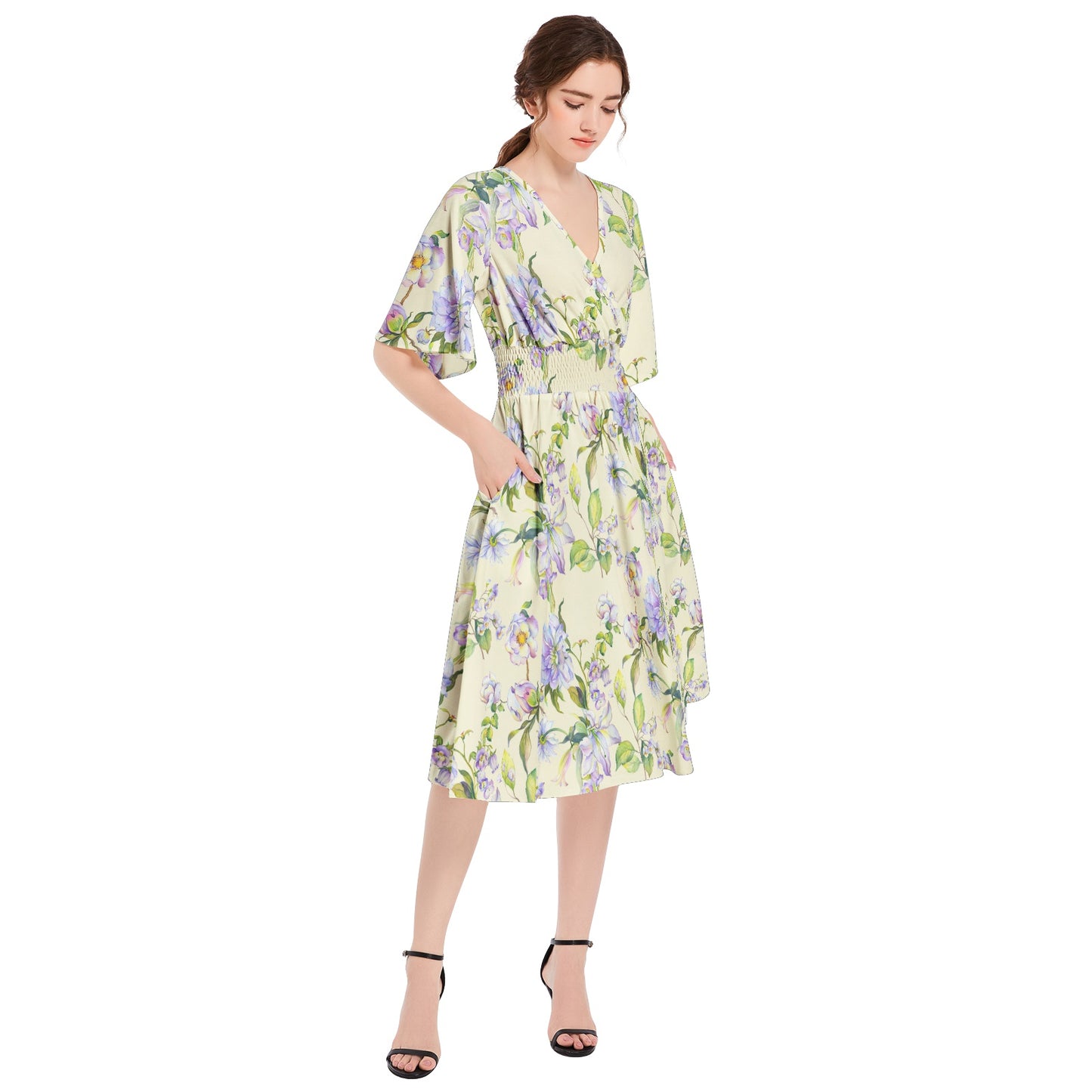 Butterfly Sleeve Shirred High Waist A Line Midi Dress