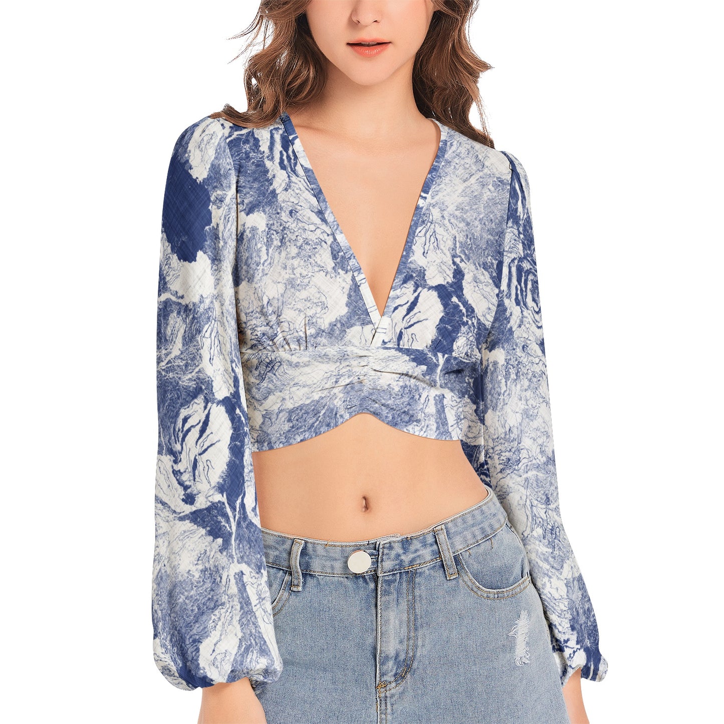 Women's Deep V-Neck Lantern Sleeve Crop Top