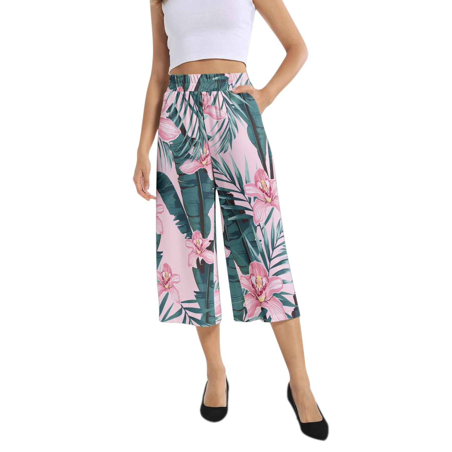 Elastic Waist Capris Wide Leg Pant