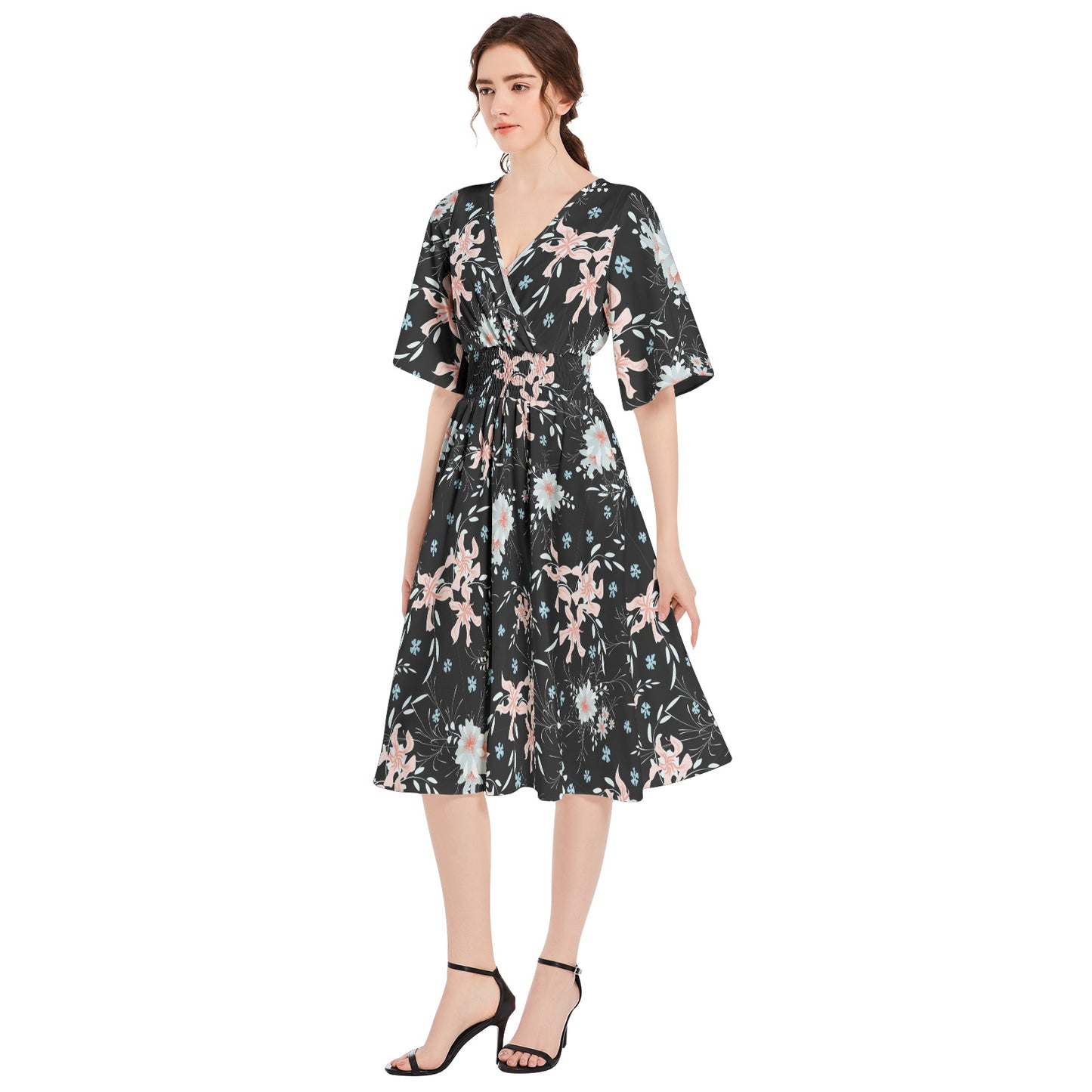 Butterfly Sleeve Shirred High Waist A Line Midi Dress