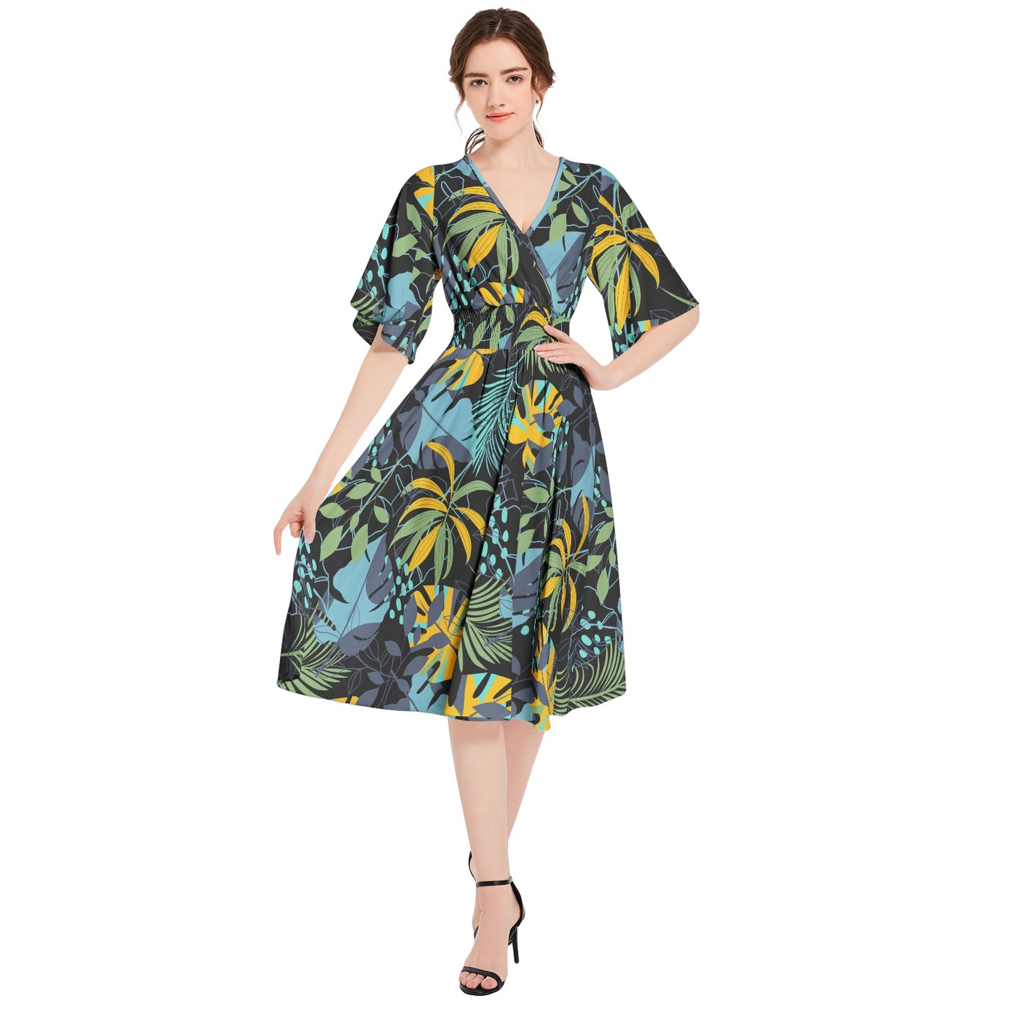 Butterfly Sleeve Shirred High Waist A Line Midi Dress