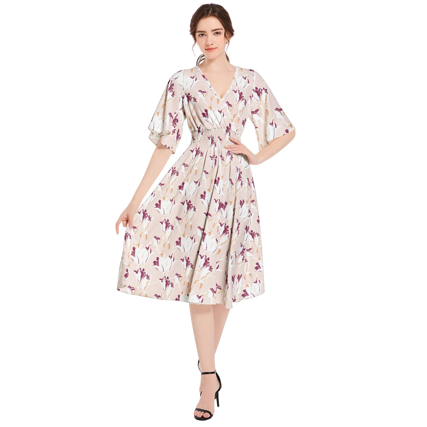 Butterfly Sleeve Shirred High Waist A Line Midi Dress