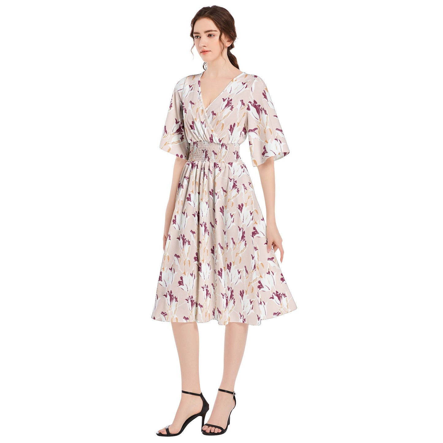 Butterfly Sleeve Shirred High Waist A Line Midi Dress