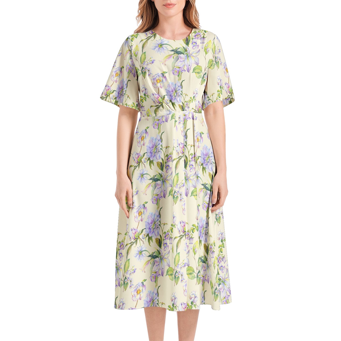 Short Sleeve Waist Folding Midi Dress