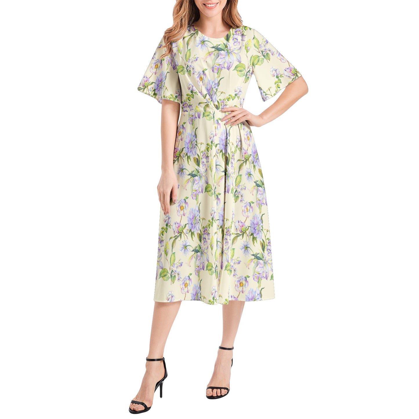 Short Sleeve Waist Folding Midi Dress