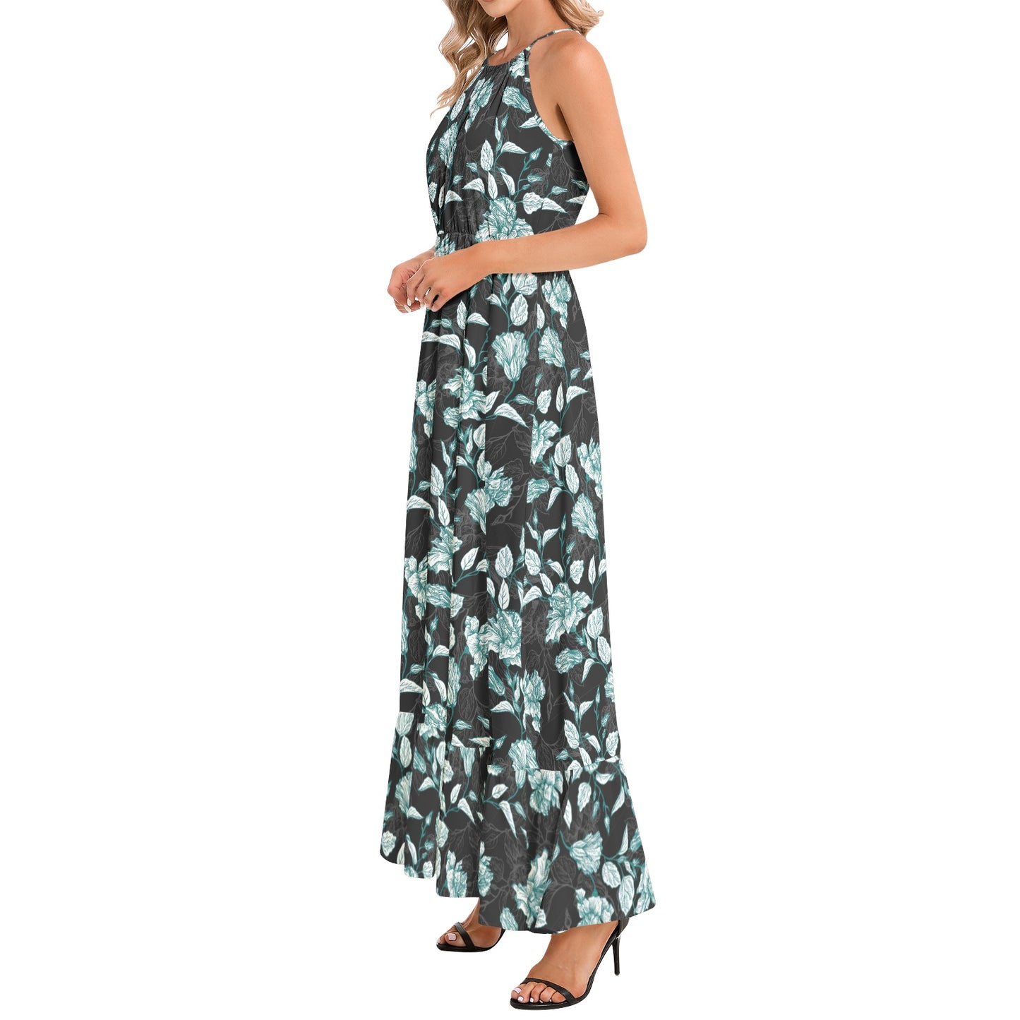 Ruffle Hem Halter Neck Maxi Dress