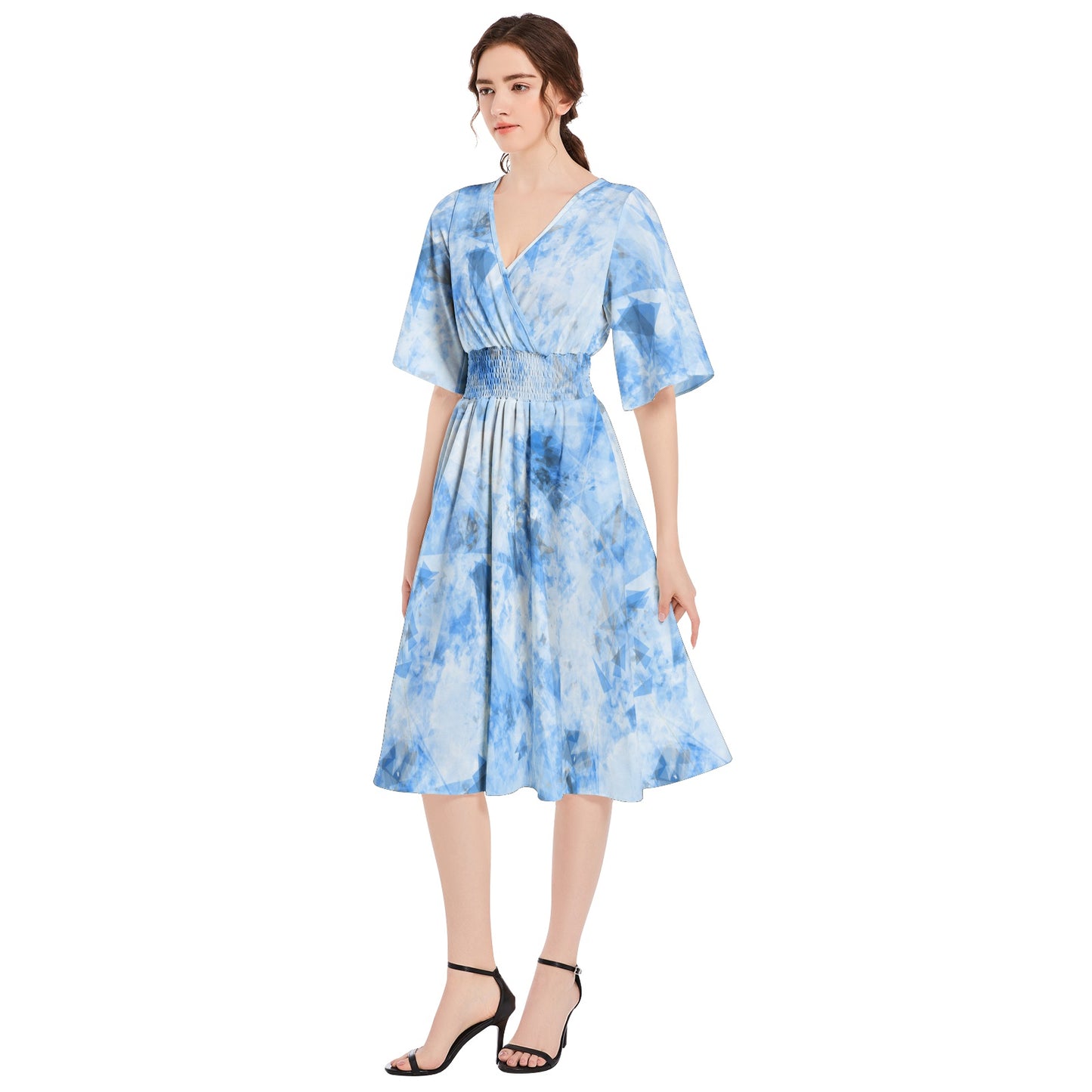 Butterfly Sleeve Shirred High Waist A Line Midi Dress