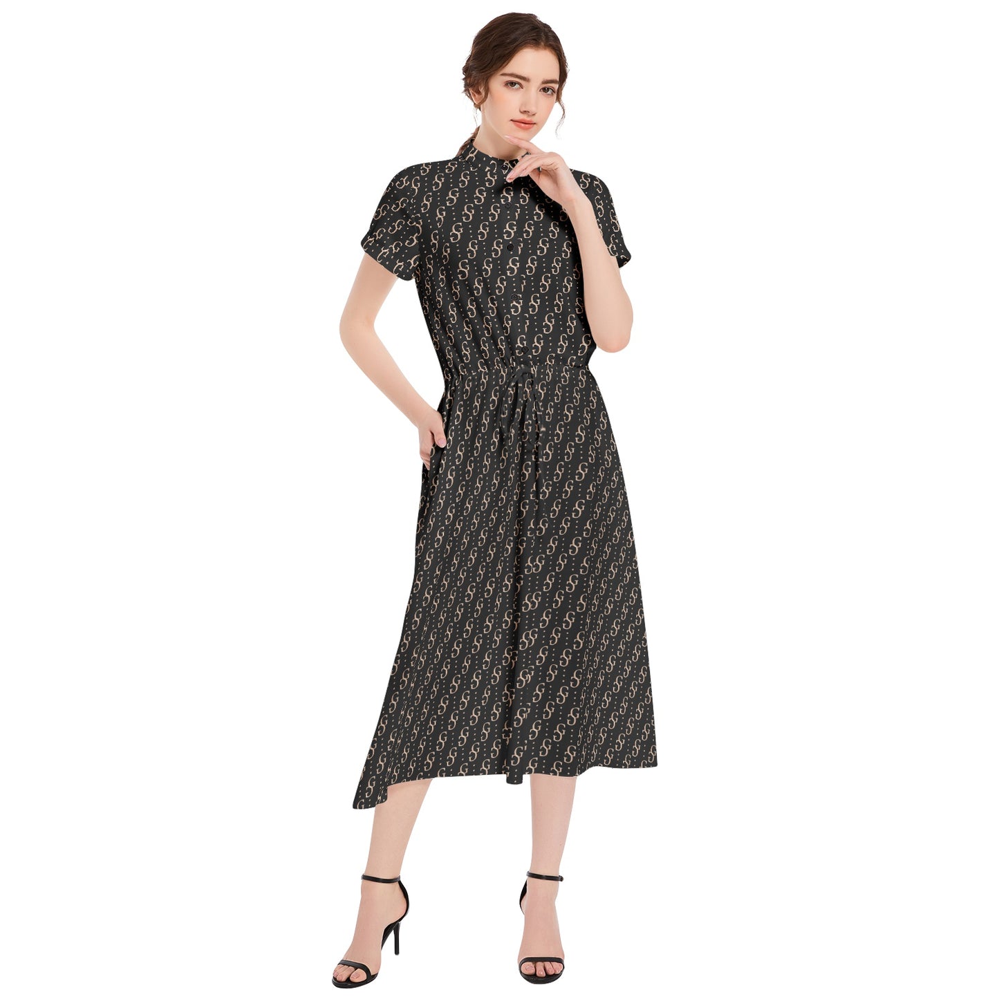 Drawstring Waist A-line Flared Midi Dress