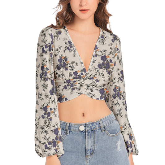 Women's Deep V-Neck Lantern Sleeve Crop Top