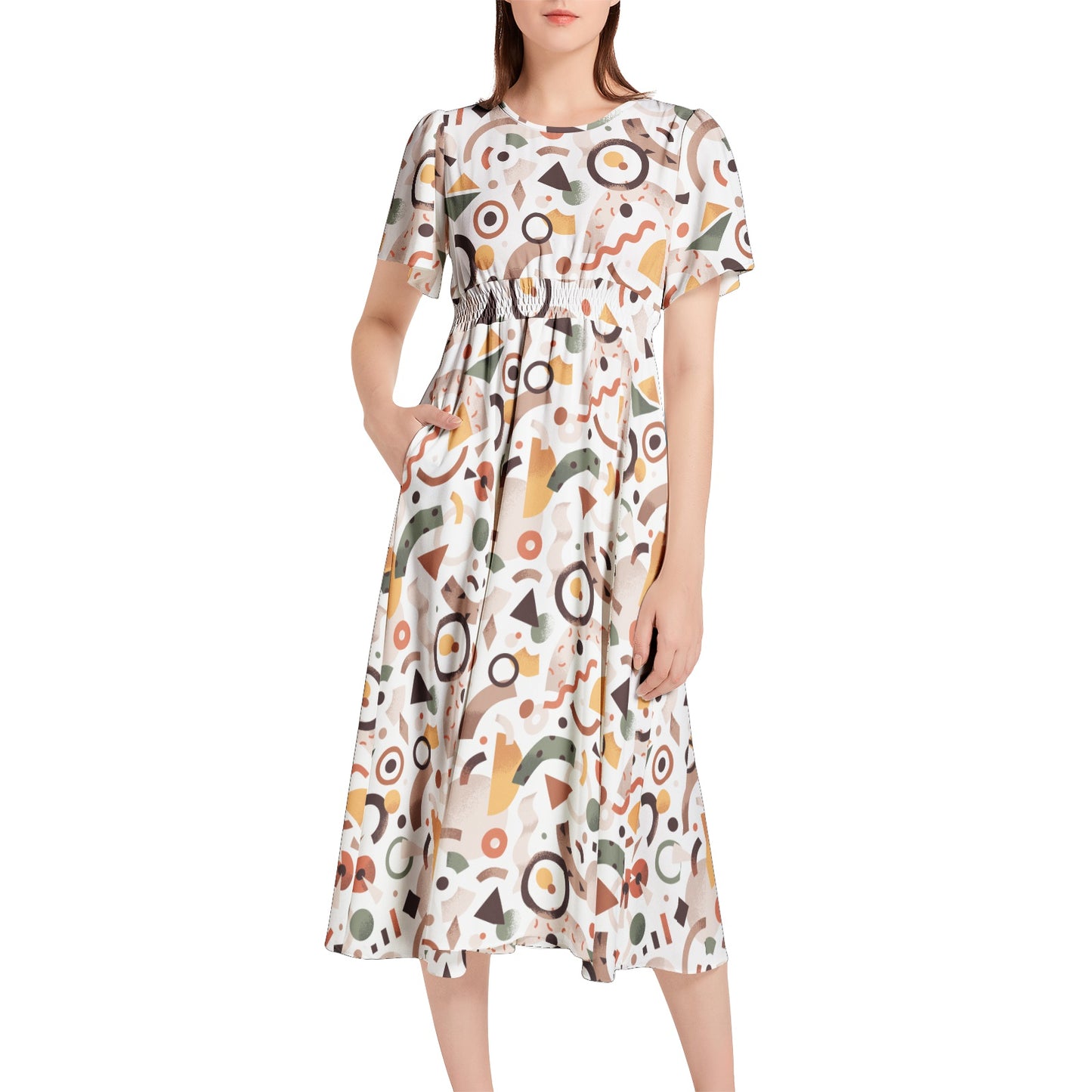 Short Sleeve Shirred Waist Midi Dress