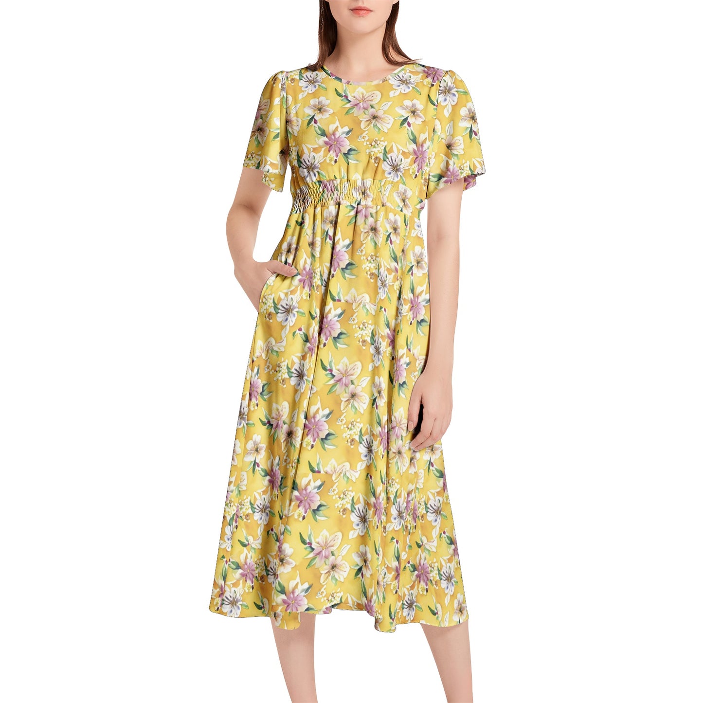 Short Sleeve Shirred Waist Midi Dress