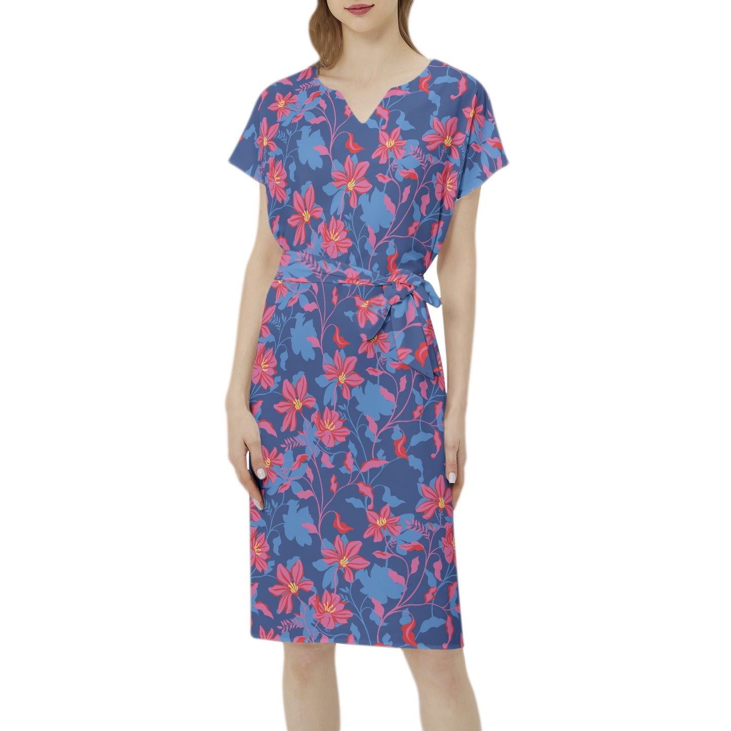 Betwing Seleeve Notch Neck Casual Dress with Belt