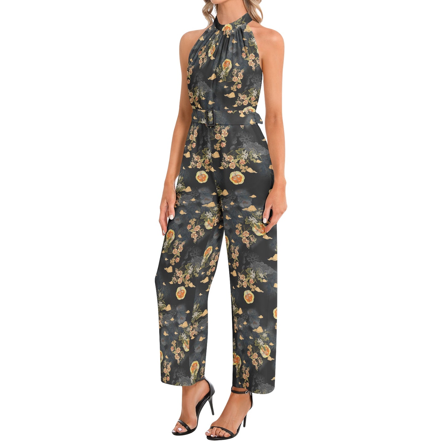 Halter Neck Buckle Belted Jumpsuit