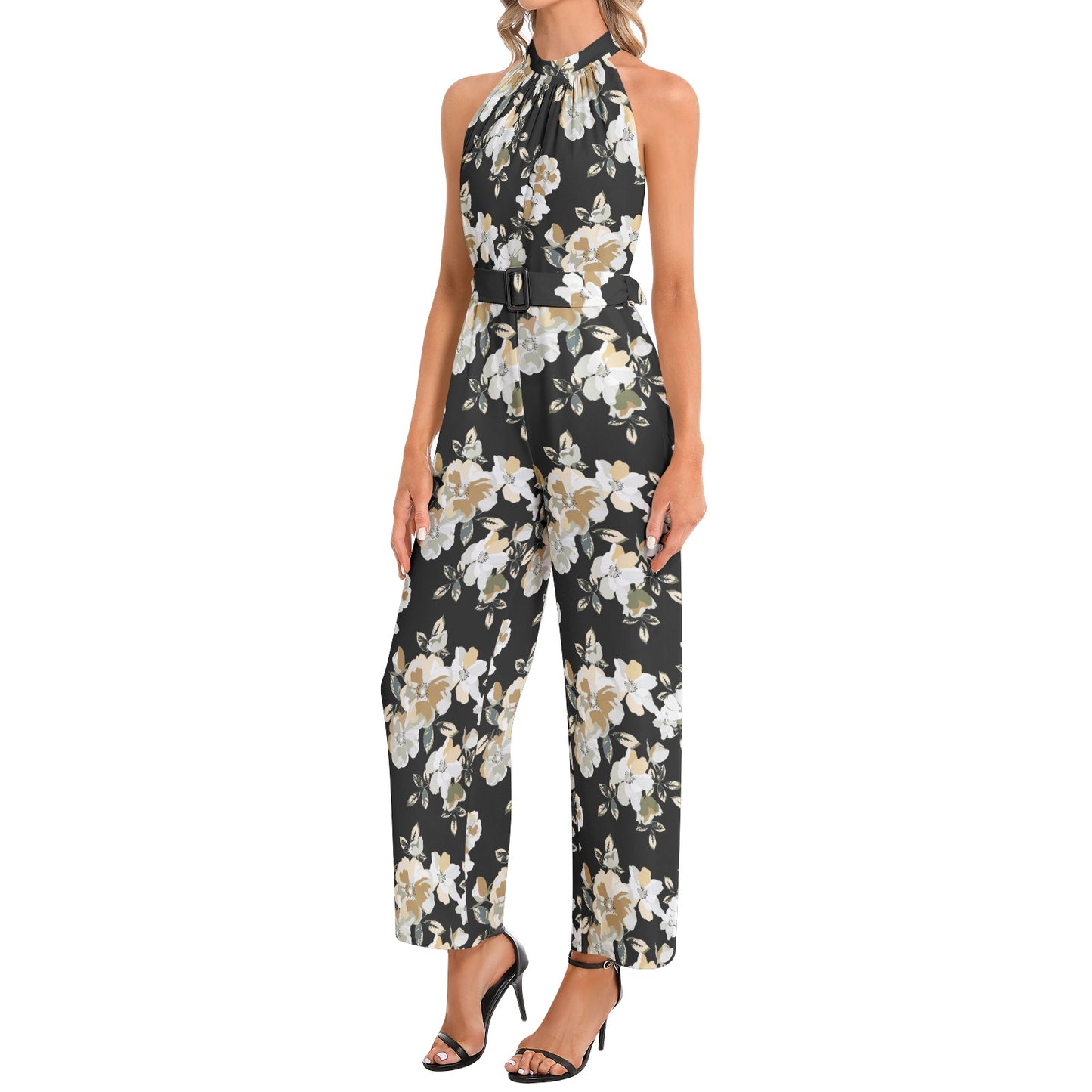 Halter Neck Buckle Belted Jumpsuit